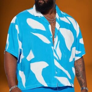 Crystal Clear Blue and White Button Down Shirt with Abstract Design